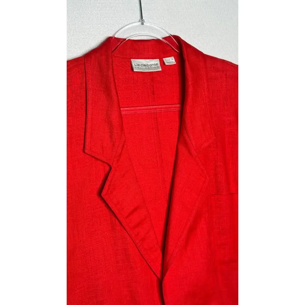 1990s Liz Claiborne Red Linen Open Front Oversized Jacket Size 6 M/L